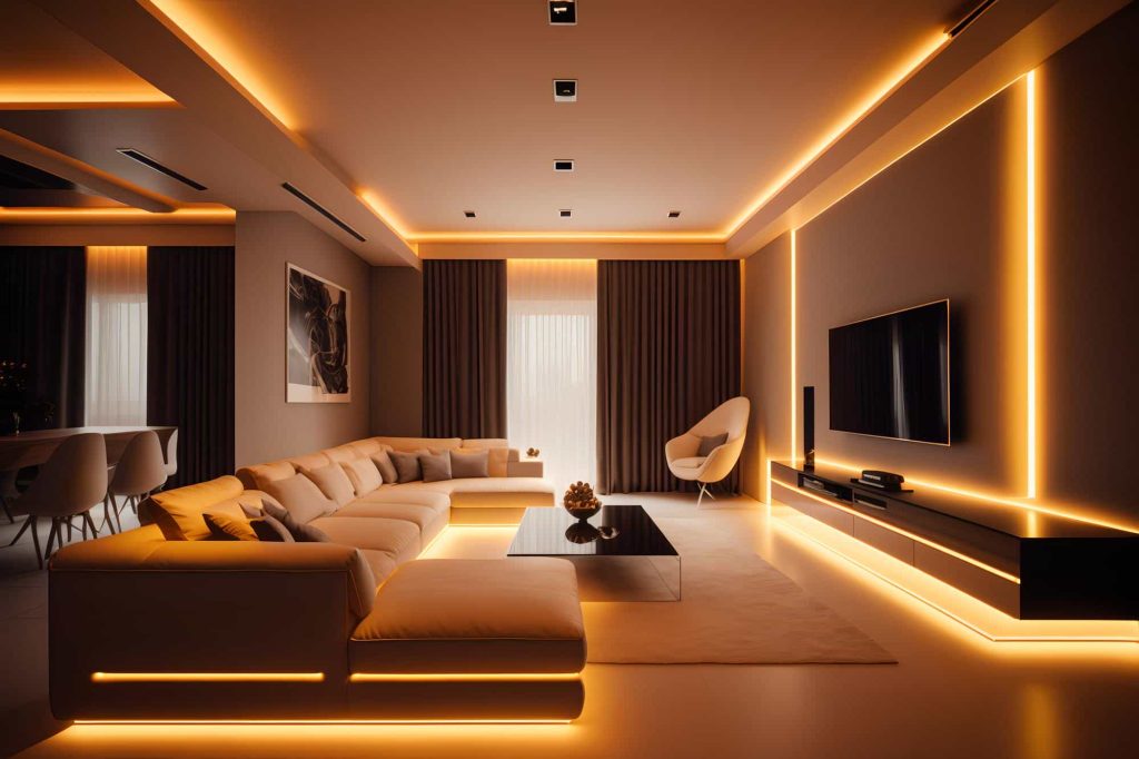 A modern living room with a lighted ceiling, featuring sleek furniture and a cozy ambiance.
